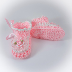Πλεκτά λευκό-ροζ παπουτσάκια για κορίτσια/ 0-12/ Crochet white-pink booties for babies - κορίτσι, 0-3 μηνών, βρεφικά ρούχα - 2