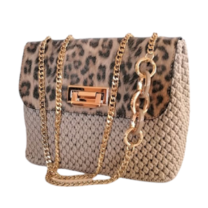 Leopard chic/ Μεγάλη πλεκτή τσάντα σε μπεζ πούρου με λεοπάρ - νήμα, ώμου, μεγάλες, all day, πλεκτές τσάντες
