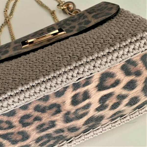 Leopard chic/ Μεγάλη πλεκτή τσάντα σε μπεζ πούρου με λεοπάρ - νήμα, ώμου, μεγάλες, all day, πλεκτές τσάντες - 4