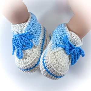 Πλεκτά λευκά-γαλάζια παπούτσια για αγόρια/ σπορτέξ / 0-12/ Crochet white-blue booties for a baby boy/ sneakers - αγόρι, βρεφικά ρούχα - 4