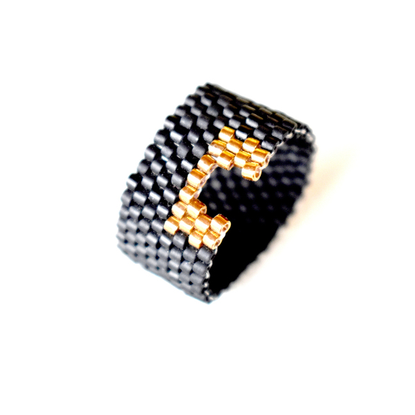 Δαχτυλίδι μαύρο και χρυσαφί με χάντρες miyuki delica - χάντρες, miyuki delica, σταθερά, μεγάλα, δώρα για γυναίκες - 3