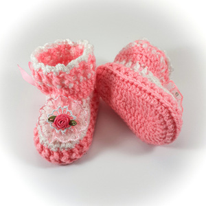 Πλεκτά λευκό-ροζ παπουτσάκια για κορίτσια/ Πλεκτά παπούτσια με λουλούδια για μωρά/ 0-12/ Crochet white-pink booties for girls - κορίτσι, 6-9 μηνών, βρεφικά ρούχα - 2