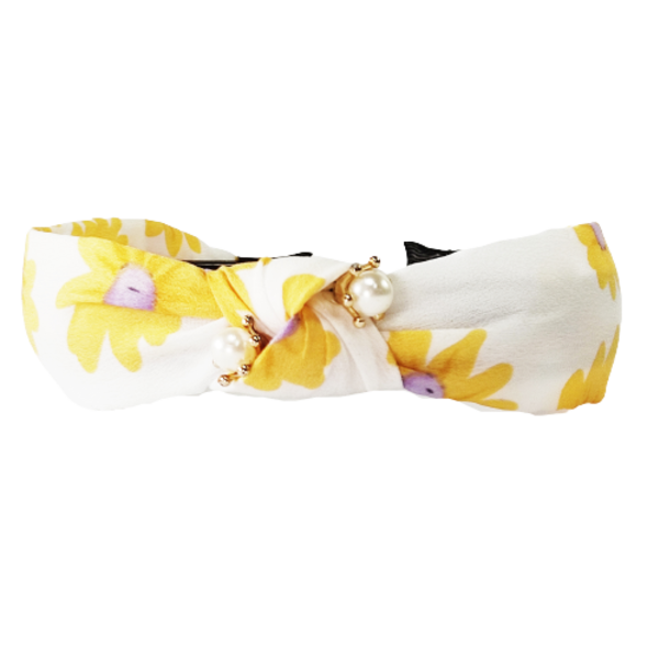 Στέκα άσπρη με κόμπο κίτρινα λουλούδια και πέρλες - ύφασμα, φλοράλ, απαραίτητα καλοκαιρινά αξεσουάρ, πέρλες, στέκες