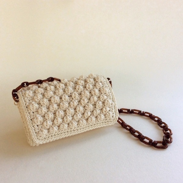 Εκρού τσαντάκι κροσέ με ενίσχυση - crochet, πλεκτές τσάντες, ώμου - 5