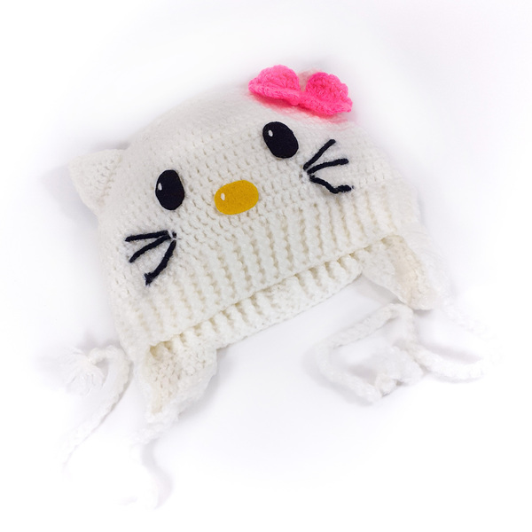 Πλεκτό λευκό σκουφάκι για κορίτσια /Hello Kitty /σκουφί για μωρό/ 0-5 ετών / Crochet white hat for a baby girl - κορίτσι, παιδικά ρούχα, βρεφικά ρούχα, 1-2 ετών