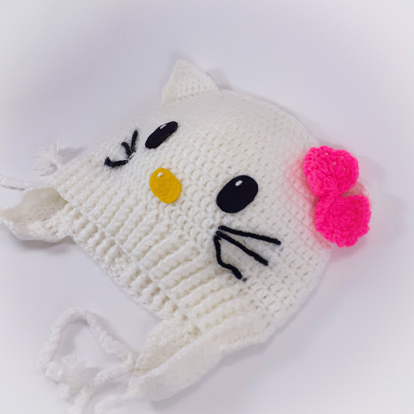 Πλεκτό λευκό σκουφάκι για κορίτσια /Hello Kitty /σκουφί για μωρό/ 0-5 ετών / Crochet white hat for a baby girl - κορίτσι, παιδικά ρούχα, βρεφικά ρούχα, 1-2 ετών - 3