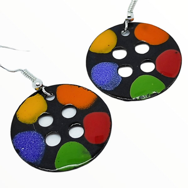 Χειροποίητα σκουλαρίκια κουμπιά με χρωματιστές βούλες βαμμένα με σμάλτο - σμάλτος, χειροποίητα, boho, κρεμαστά - 2