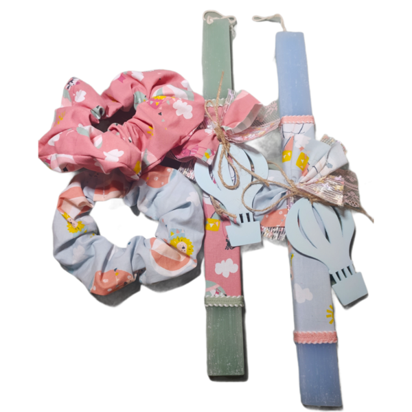 Λαμπάδα με scrunchie και θέμα το αερόστατο για κορίτσι - κορίτσι, λαμπάδες, αερόστατο, πασχαλινά δώρα