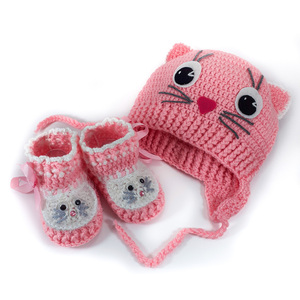 Πλεκτό ροζ σετ για κορίτσια/ Γατούλα/ σκουφάκι, παπουτσάκια/ 0-12/ γάτα/Crochet white-pink set for girls / hat, shoes/ cat - κορίτσι, σετ, βρεφικά ρούχα