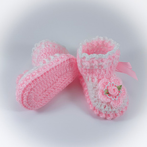 Πλεκτά λευκό-ροζ παπουτσάκια για κορίτσια/ παπούτσια με λουλούδια για μωρά/ 0-12/ Crochet white-pink booties for girls - κορίτσι, 6-9 μηνών, βρεφικά ρούχα - 2