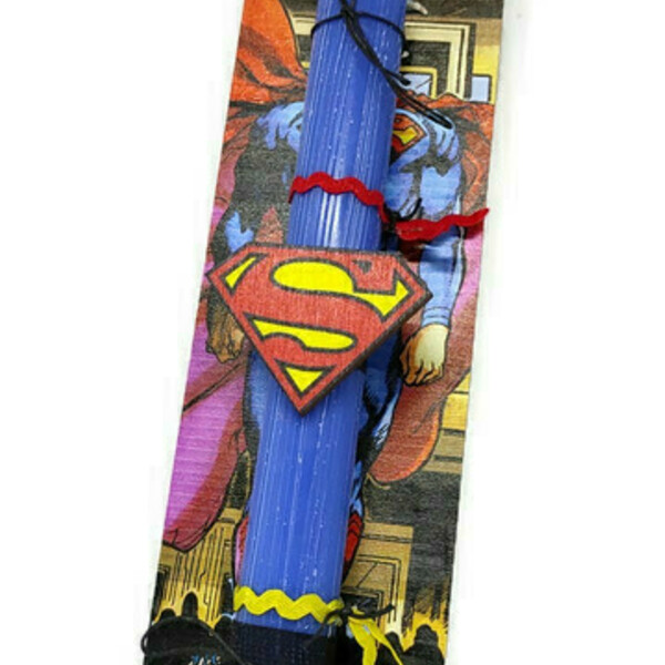 Λαμπάδα μπλε 20cm για αγόρι με σούπερ ήρωα και ξύλινη βάση 15x25cm - αγόρι, λαμπάδες, για παιδιά, ήρωες κινουμένων σχεδίων - 3