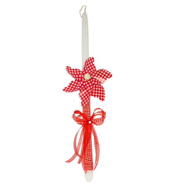Χειροποίητη Λευκή Λαμπάδα με Ξύλινο Ανεμόμυλo Καρώ Κόκκινο 40cm - κορίτσι, λαμπάδες, για παιδιά