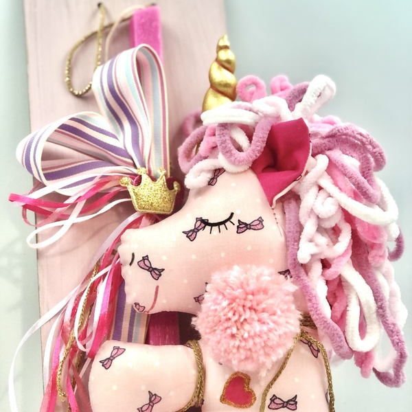 Αρωματική Λαμπαδα με πλάτη ξυλινη και μονοκερο σε ύφασμα ροζ με φούξια φιογκακια - κορίτσι, λαμπάδες, μονόκερος, για παιδιά, για μωρά - 4
