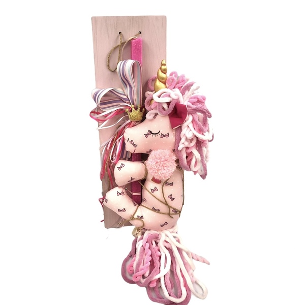 Αρωματική Λαμπαδα με πλάτη ξυλινη και μονοκερο σε ύφασμα ροζ με φούξια φιογκακια - κορίτσι, λαμπάδες, μονόκερος, για παιδιά, για μωρά - 5