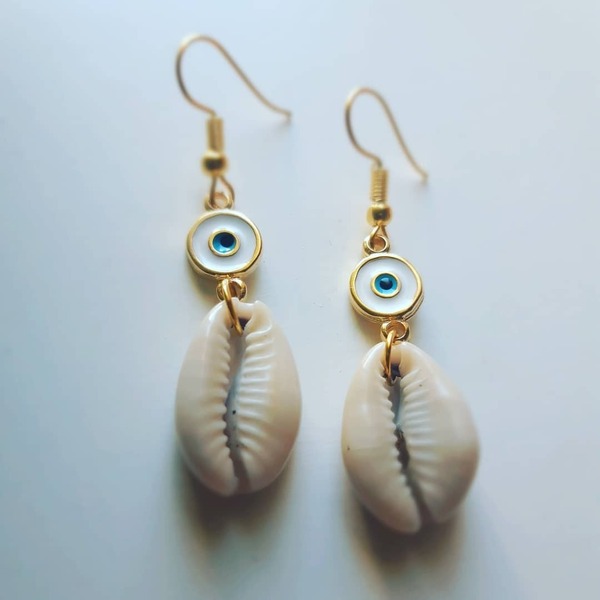 Sea shell earrings! - επιχρυσωμένα, κοχύλι, boho, κρεμαστά, ματάκια