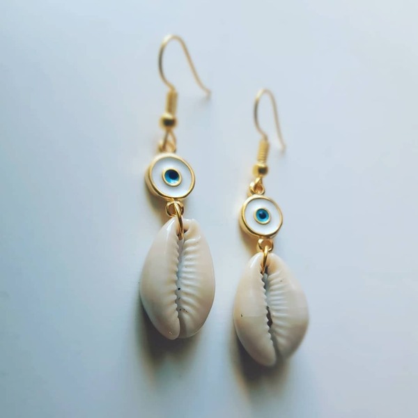 Sea shell earrings! - επιχρυσωμένα, κοχύλι, boho, κρεμαστά, ματάκια - 2