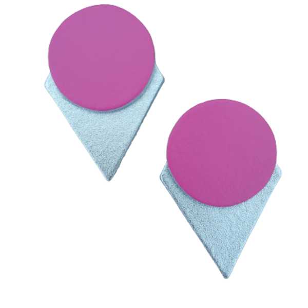 Δερμάτινα χειροποίητα καρφωτά σκουλαρίκια 6 εκ.ροζ- ασημί - δέρμα, γεωμετρικά σχέδια, καρφωτά, μεγάλα