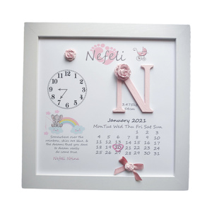 Kαδράκι με στοιχεία γέννησης Ξύλινο 35x35 Θέμα Ελεφαντάκι ροζ, πήλινα λουλούδια, δώρο για νεογέννητο - κορίτσι, αναμνηστικά, πίνακες & κάδρα, δώρο γέννησης, αγόρι