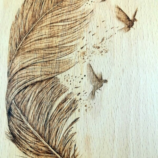 "Feather". Πυρογραφία σε ξύλο κοπής. - ξύλο, διακοσμητικά - 2