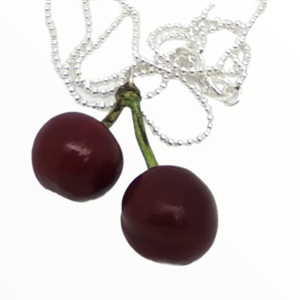 Kολιέ Μαύρο κεράσι (Black cherries necklace),χειροποίητα κοσμήματα μινιατούρες φρούτων και απομίμησης φαγητού απο πολυμερικό πηλό Mimitopia - γυναικεία, πηλός, χειροποίητα, μινιατούρες φιγούρες - 4