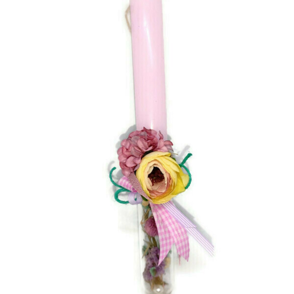 Γυάλινη λαμπάδα ροζ 25cm με αποξηραμένα άνθη - ροζ, λαμπάδες, φλοράλ, για ενήλικες - 3