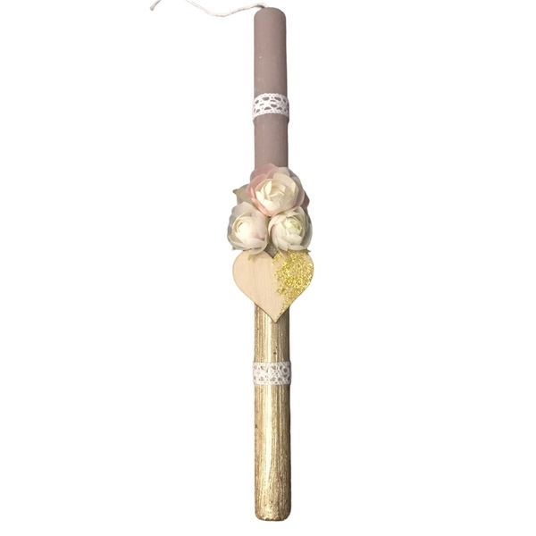 Αρωματική χειροποίητη vintage λαμπάδα με λουλουδάκια χρώμα nude χρυσό 32 εκ. - κορίτσι, λουλούδια, λαμπάδες, για ενήλικες, για εφήβους - 2