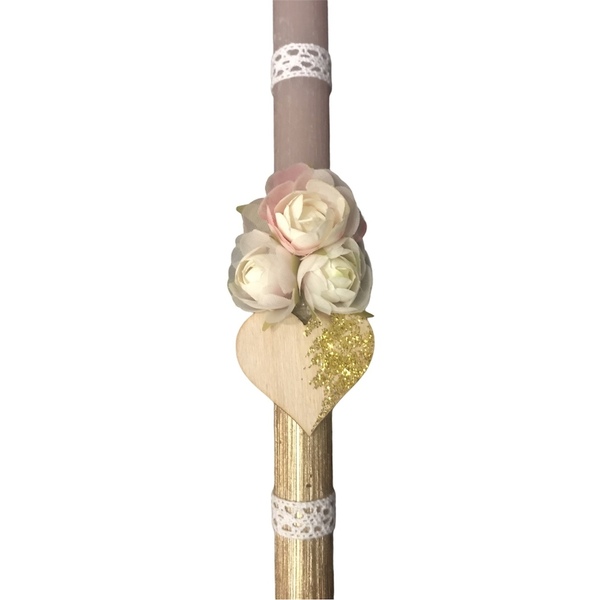 Αρωματική χειροποίητη vintage λαμπάδα με λουλουδάκια χρώμα nude χρυσό 32 εκ. - κορίτσι, λουλούδια, λαμπάδες, για ενήλικες, για εφήβους - 3
