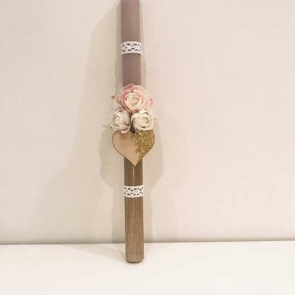 Αρωματική χειροποίητη vintage λαμπάδα με λουλουδάκια χρώμα nude χρυσό 32 εκ. - κορίτσι, λουλούδια, λαμπάδες, για ενήλικες, για εφήβους - 4