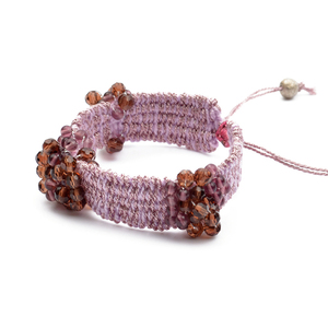 ATHINA MAILI - Υφαντό χειροποίητο γυναικείο βραχιόλι με κρυσταλλάκια μακραμέ δέσιμο ροζ απαλό ασημί νήμα - χάντρες, υφαντά, boho, χεριού, αυξομειούμενα - 5