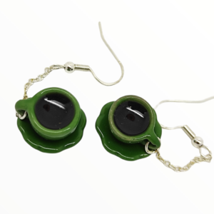 Σκουλαρίκια πράσινες κούπες με καφέ (coffee earrings),κοσμήματα απομίμησης φαγητού,χειροποίητα κοσμήματα πολυμερικού πηλού από τη Mimitopia - γυαλί, γυναικεία, πηλός, καθημερινό - 2