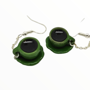 Σκουλαρίκια πράσινες κούπες με καφέ (coffee earrings),κοσμήματα απομίμησης φαγητού,χειροποίητα κοσμήματα πολυμερικού πηλού από τη Mimitopia - γυαλί, γυναικεία, πηλός, καθημερινό - 4