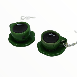 Σκουλαρίκια πράσινες κούπες με καφέ (coffee earrings),κοσμήματα απομίμησης φαγητού,χειροποίητα κοσμήματα πολυμερικού πηλού από τη Mimitopia - γυαλί, γυναικεία, πηλός, καθημερινό - 5