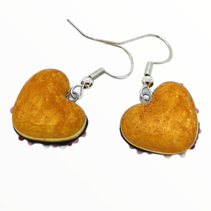 Σκουλαρίκια Λουκουμάδες donuts σε σχημα καρδιάς (donuts earrings),κοσμήματα απομίμησης φαγητού, χειροποίητα κοσμήματα πολυμερικού πηλού από τη Mimitopia - καρδιά, πηλός, κρεμαστά - 4