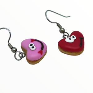 Σκουλαρίκια Λουκουμάδες donuts με φατσούλες σε σχημα καρδιάς (donuts earrings),κοσμήματα απομίμησης φαγητού, χειροποίητα κοσμήματα πολυμερικού πηλού από τη Mimitopia - καρδιά, πηλός, γλυκά - 2