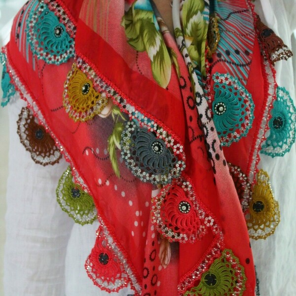 Χειροποίητο γυναικείο μαντήλι-φουλάρι Spring 89cm Χρώμα ανοιχτό κόκκινο - φουλάρια - 3