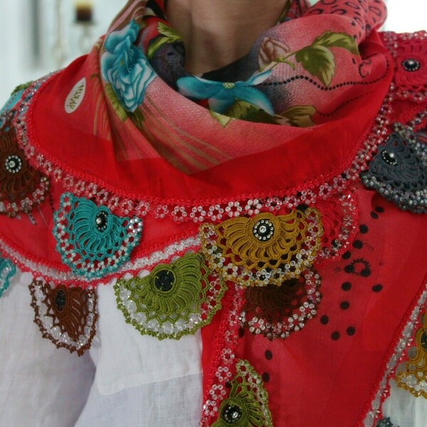 Χειροποίητο γυναικείο μαντήλι-φουλάρι Spring 89cm Χρώμα ανοιχτό κόκκινο - φουλάρια - 4