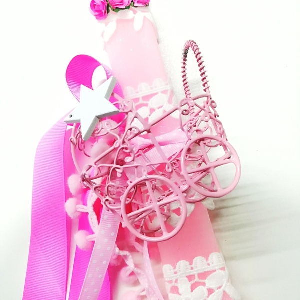 Βρεφική ροζ λαμπάδα με καροτσάκι και πον πον, κορίτσι - κορίτσι, λαμπάδες, λούτρινα, πρώτο Πάσχα, για μωρά - 3