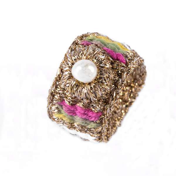 ATHINA MAILI - Πολύχρωμο υφαντό δαχτυλίδι με μαργαριτάρι - μαργαριτάρι, νήμα, boho - 3