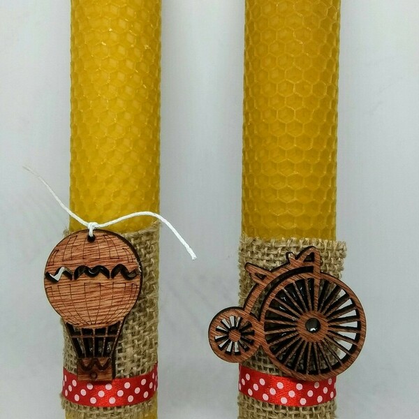 Χειροποίητη λαμπάδα με ποδήλατο ή αερόστατο σχέδιο 2 με κηρήθρα από μελισσοκέρι (1 τεμάχιο) - κορίτσι, αγόρι, για παιδιά