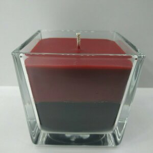 Κερί χειροποίητο δίχρωμο κόκκινο-μαύρο με άρωμα βανίλια-κρέμα σε γυάλινο βάζο 8X8cm - αρωματικά κεριά - 3