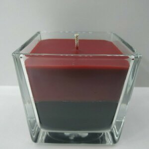 Κερί χειροποίητο δίχρωμο κόκκινο-μαύρο με άρωμα βανίλια-κρέμα σε γυάλινο βάζο 8X8cm - αρωματικά κεριά - 4