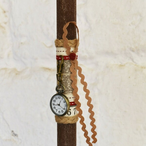 "Vintage clock"- Χειροποίητη αρωματική πασχαλινή λαμπάδα με αληθινό μπρούτζινο μπρελόκ ρολόι (30εκ.) - vintage, λαμπάδες, αρωματικές λαμπάδες, ανδρικά μπρελόκ - 4