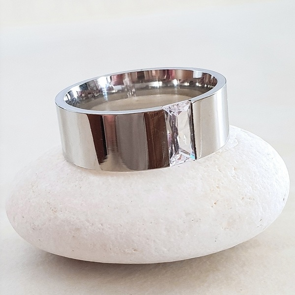 Γυναικείο δαχτυλίδι από ατσάλι ασημί με ζιργκόν ταγιέ παραλληλόγραμμο - ημιπολύτιμες πέτρες, γυναικεία, chevalier, ατσάλι, ζιργκόν, σταθερά - 3