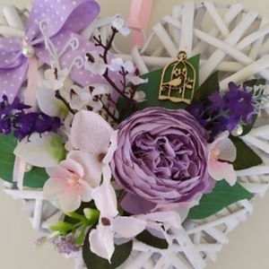 Ξύλινη καρδιά με μοβ λουλούδια - καρδιά, στεφάνια, λουλούδια, δώρα για δασκάλες - 3