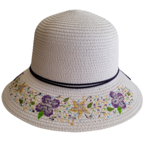 Καπέλο λευκό ζωγραφισμένο στο χέρι - ζωγραφισμένα στο χέρι, λουλούδια, ψάθινα