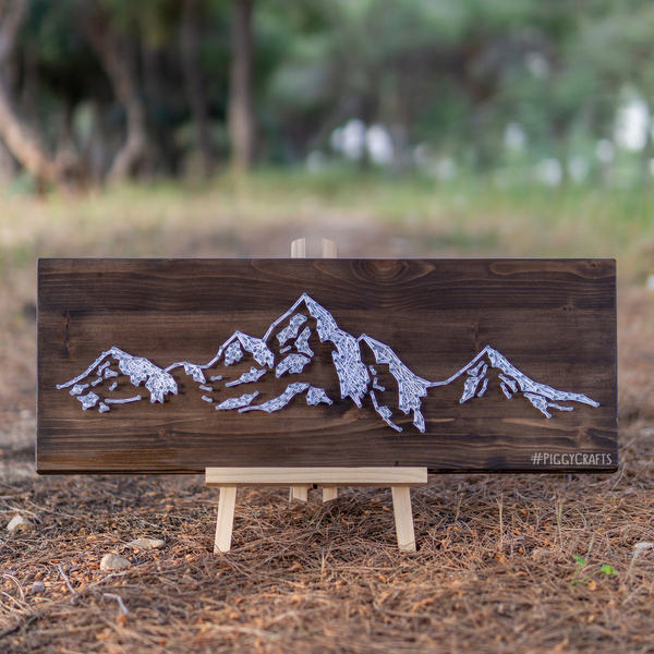 Ξύλινο κάδρο με καρφιά & κλωστές "Mountain Peaks" 50x20cm - πίνακες & κάδρα, χειμώνας - 4