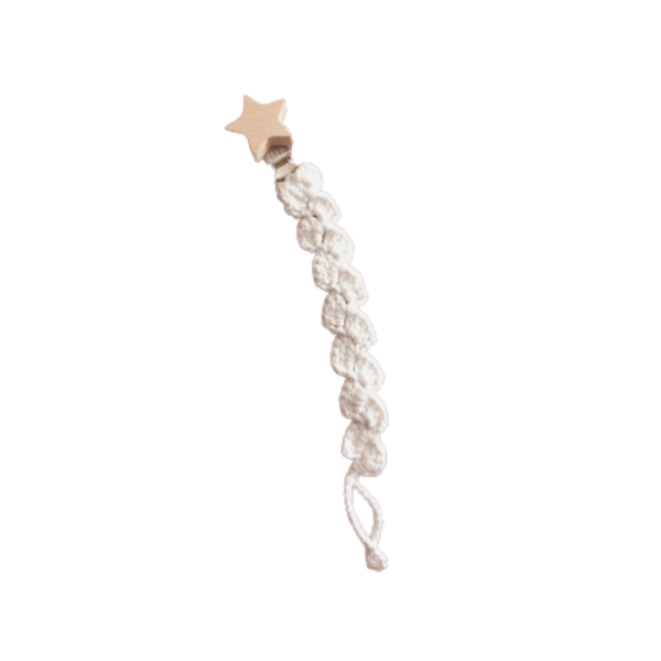 Κλιπ πιπίλας πλεκτό με φυσικό ξύλινο στοιχείο αστέρι unisex - δώρα για μωρά, κλιπ πιπίλας