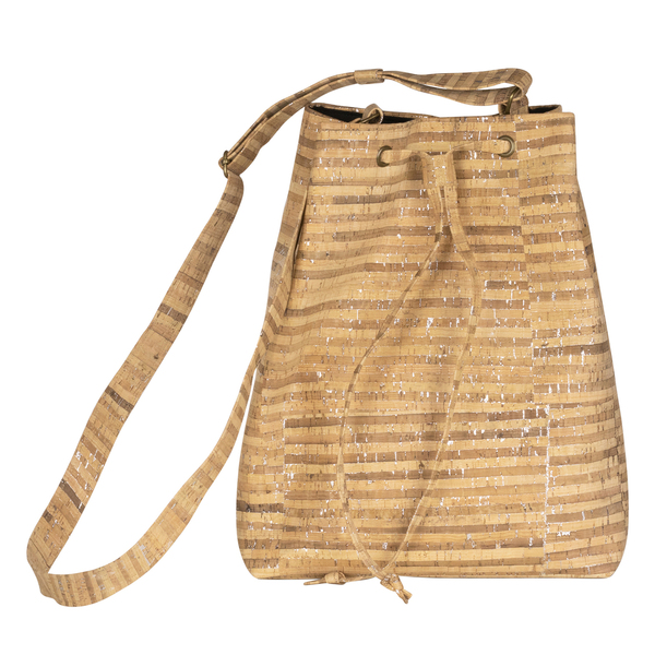 Τσάντα Πουγκί Φελλός "Silver Stripes Bucket Bag" - ώμου, πουγκί, μεγάλες, all day, φελλός