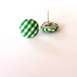 Υφασμάτινα Σκουλαρίκια Κουμπιά Πράσινο Ριγέ - ύφασμα, καρφωτά, μικρά, faux bijoux, φθηνά - 2