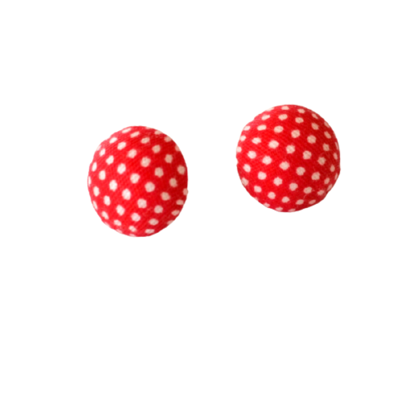 Υφασμάτινα Σκουλαρίκια Κουμπιά Πουά Κόκκινο-Λευκό - ύφασμα, καρφωτά, μικρά, faux bijoux, φθηνά